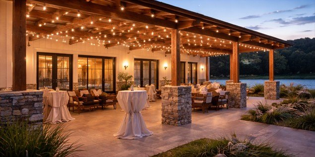 Rendering of the covered lakeside patio with string lights and cocktail tables