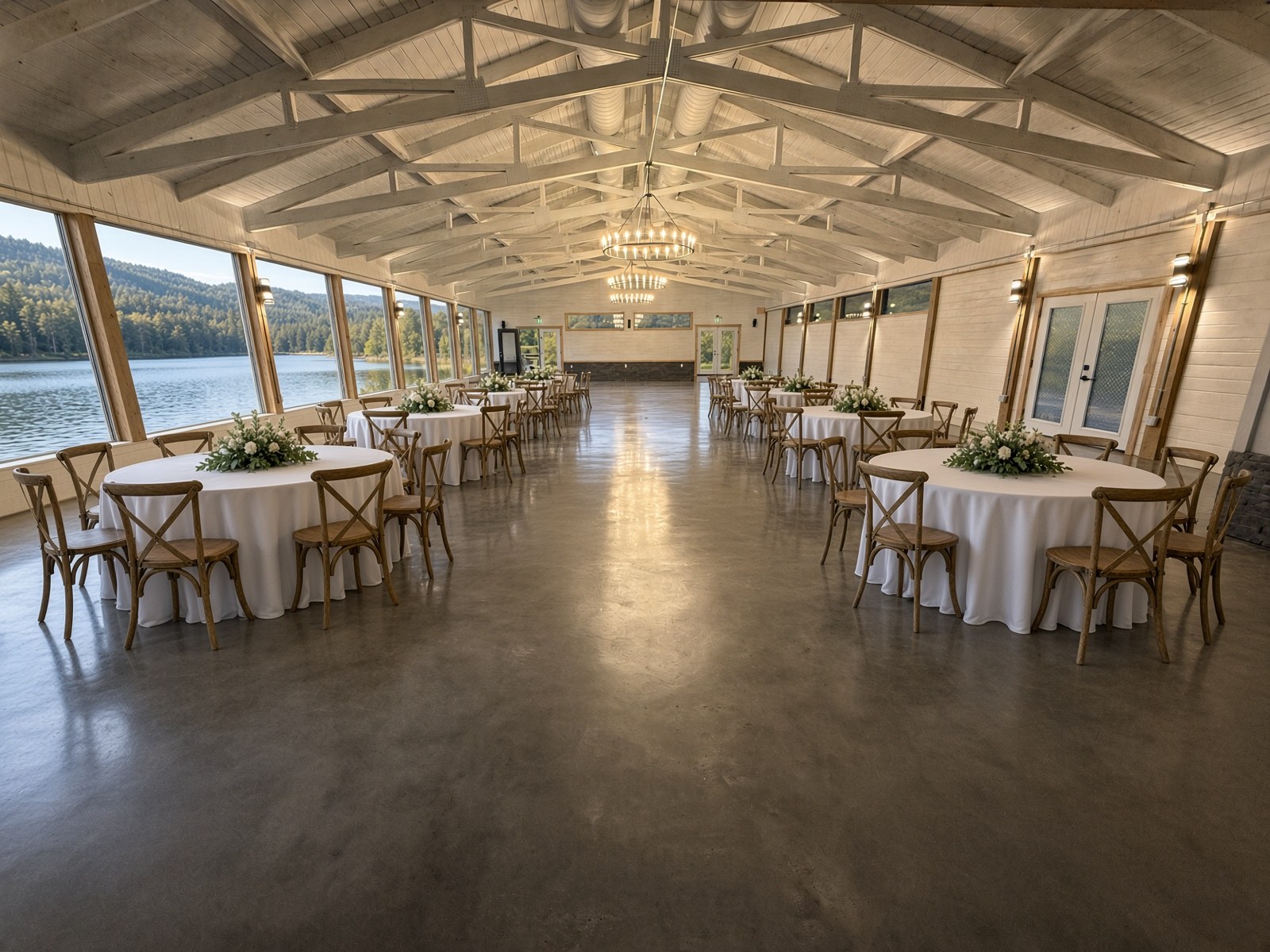 Lake Hall reception tables beneath vaulted beams, with windows facing the lake